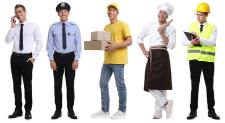 Choice of profession. Same man representing different occupations. Collage of portraits on white backgroundの写真素材