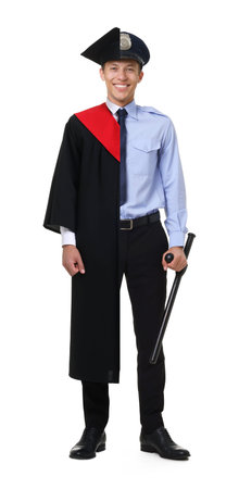 Combined portrait of graduate student on one half and policeman on other. White background