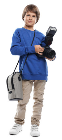 Choice of profession. Little boy with camera and bag pretending to be a photographer on white backgroundの写真素材