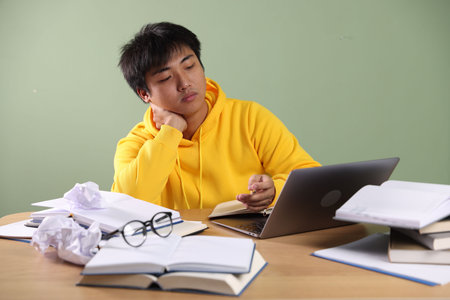 Student with laptop and books preparing for exam at wooden table near green wall