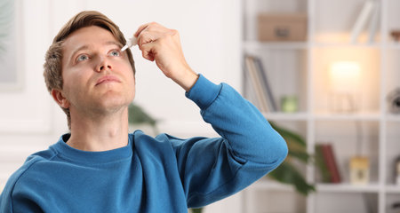 Young man applying eye drops at home, space for textの写真素材