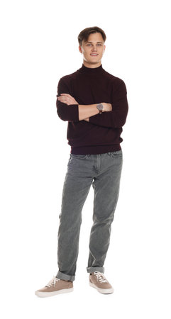 Man in stylish jeans on white background