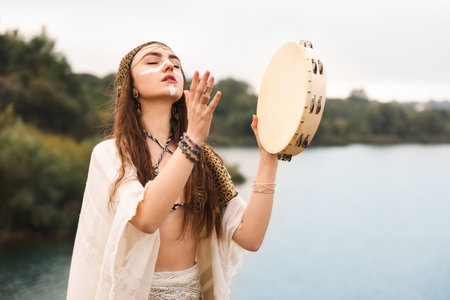 Beautiful shaman woman with face painting and tambourine performing ritual near river outdoors. Space for textの写真素材