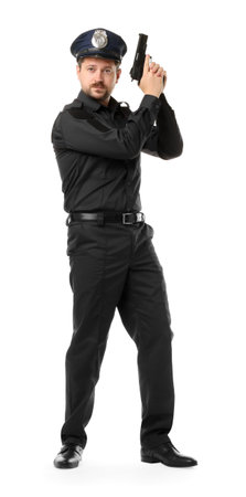 Policeman in uniform with gun on white background
