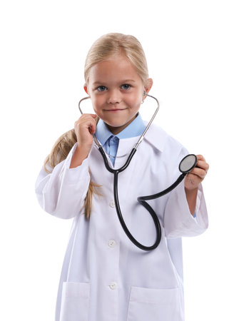 Choice of profession. Little girl with stethoscope pretending to be doctor on white backgroundの写真素材