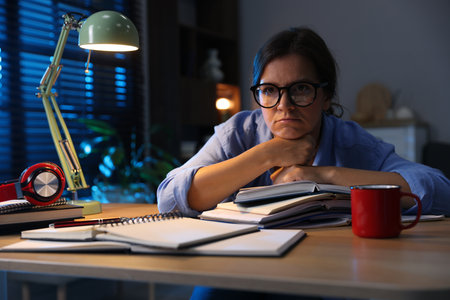Tired student preparing for exam at wooden desk indoorsの写真素材