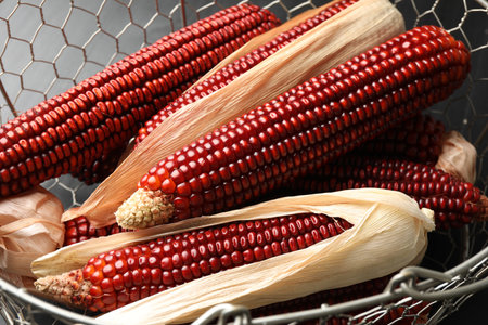 Ripe red corn cobs in metal basket on gray table, closeupの写真素材