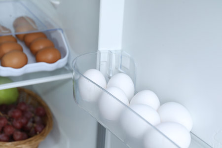 Many raw eggs in refrigerator, closeupの写真素材