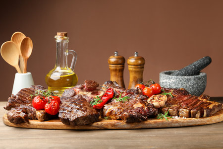 Pieces of tasty grilled beef with rosemary and vegetables on wooden tableの写真素材
