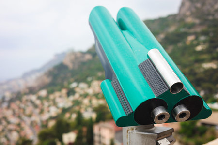 Observation viewer in mountains on summer day, closeup. Space for text