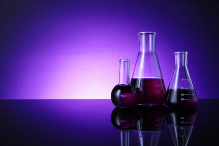 Different laboratory glassware with color liquid on table against violet background. Space for textの写真素材