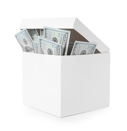 Box full of dollars isolated on whiteの写真素材