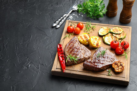 Delicious grilled beef steaks with herbs and vegetables on dark textured table, closeup. Space for textの写真素材