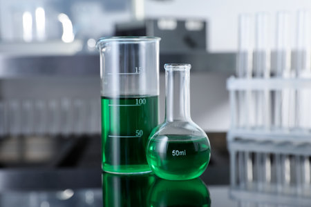 Glass beaker and flask with green liquid on table in laboratory, closeupの写真素材