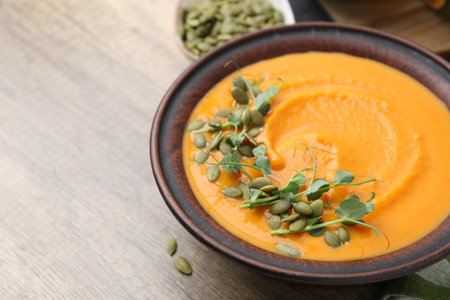 Delicious pumpkin soup with seeds and microgreens in bowl on wooden table, closeup. Space for textの写真素材