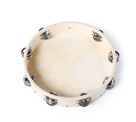 One tambourine isolated on white. Musical instrumentの写真素材