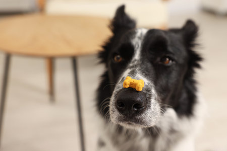Border Collie with tasty bone shaped dog cookie indoors, space for textの写真素材