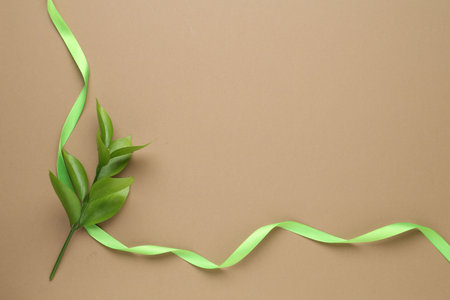 Beautiful ribbon and green leaves on beige background, flat lay. Space for textの写真素材