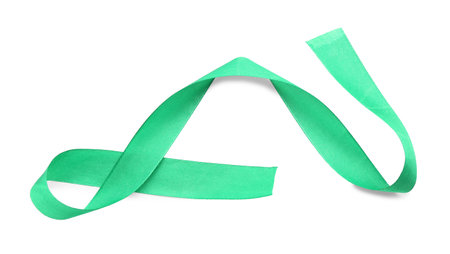 Beautiful light green ribbon isolated on white, top viewの写真素材