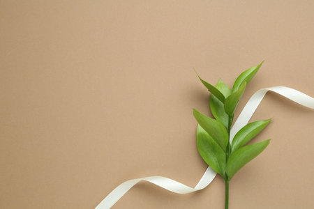Beautiful ribbon and green leaves on beige background, flat lay. Space for textの写真素材