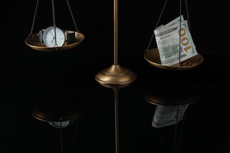 Scales with wrist watch and money on mirror surface against black background, closeupの写真素材