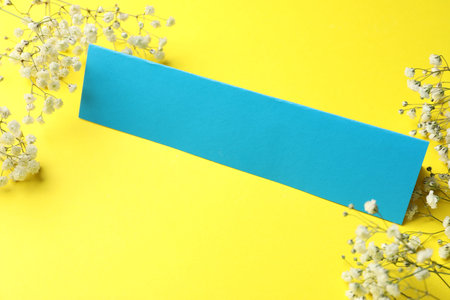 Blank card and beautiful flowers on yellow background