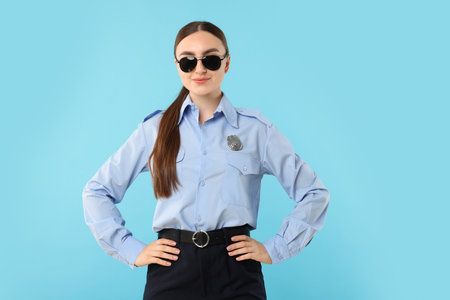 Young policewoman in uniform on light blue backgroundの写真素材
