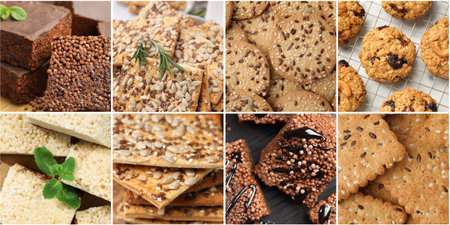 Gritty of seedy food texture. Collection of cookies, crackers and puffed rice bars, collage