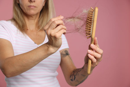 Alopecia problem. Woman taking her lost hair from brush on pink background, closeup