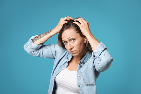 Worried woman with hair loss problem on light blue backgroundの写真素材