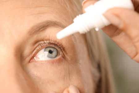 Woman applying eye drops on blurred background, closeupの写真素材