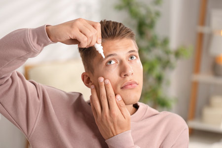 Young man applying eye drops at homeの写真素材
