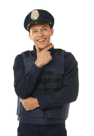 Young policeman in uniform on white background