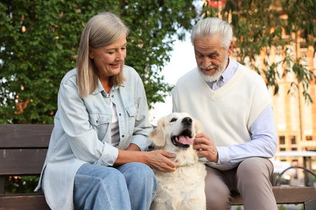 Happy senior couple with adorable Golden Retriever dog on bench outdoorsの写真素材