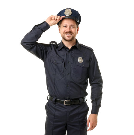 Policeman in uniform posing on white backgroundの写真素材