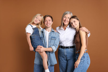 Portrait of senior woman with son and his family on brown background