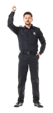 Policeman in uniform with flashlight on white backgroundの写真素材