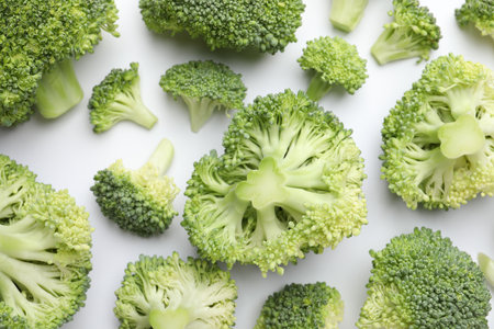Fresh green broccoli on white background, top viewの写真素材