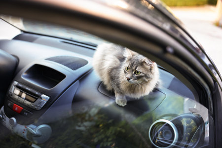 Cute cat near windshield window in car, view from outside. Adorable petの写真素材