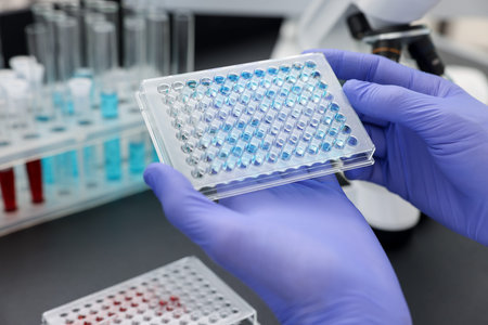 Research in genetics. Scientist with microplate working at table in laboratory, closeup