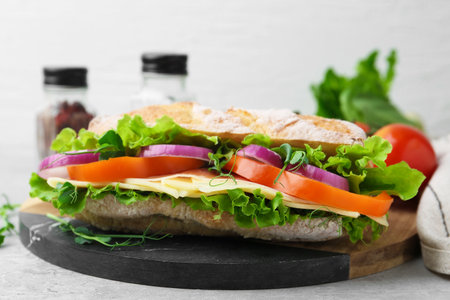 Ciabatta sandwich with prosciutto, cheese and vegetables on light table, closeupの写真素材