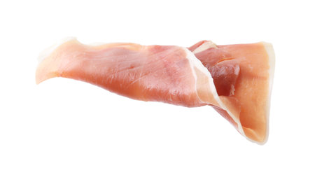 Slice of delicious prosciutto isolated on whiteの写真素材