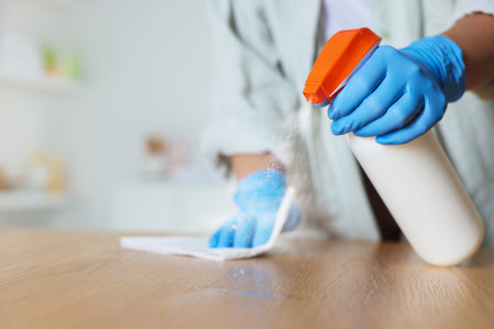 Woman spraying cleaning product while wiping wooden table with rag at home, closeup. Space for text