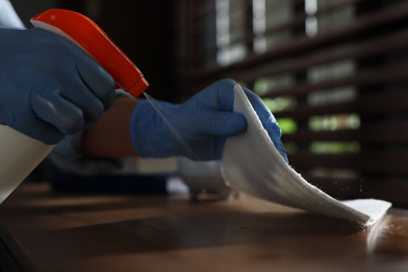Woman spraying cleaning product while wiping wooden table with rag indoors, closeupの写真素材