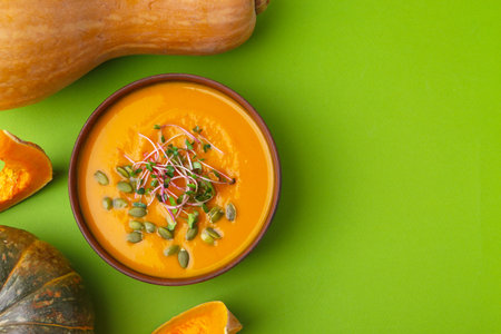 Delicious pumpkin soup with seeds in bowl and vegetables on green background, flat lay. Space for textの写真素材