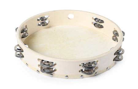 One tambourine isolated on white. Musical instrumentの写真素材