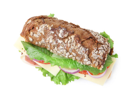 Tasty ciabatta sandwich with cheese and vegetables isolated on whiteの写真素材