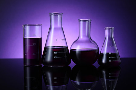 Different laboratory glassware with color liquid on table against violet backgroundの写真素材