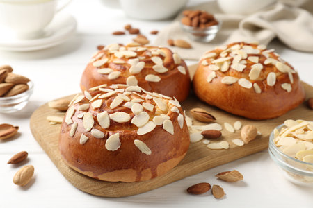 Tasty roll buns with almond flakes, nuts and tea set on white wooden table, closeupの写真素材