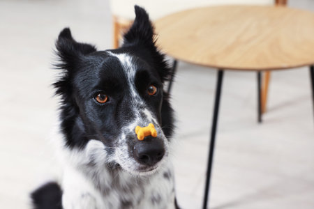 Border Collie with tasty bone shaped dog cookie indoors, space for textの写真素材